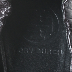 مملوكة مسبقًا Tory Burch Black Lizard Embossed Leather Reva Scrunch Ballet Flats Size 39.5