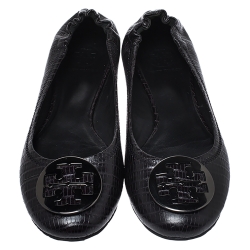 مملوكة مسبقًا Tory Burch Black Lizard Embossed Leather Reva Scrunch Ballet Flats Size 39.5