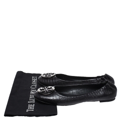 مملوكة مسبقًا Tory Burch Black Lizard Embossed Leather Reva Scrunch Ballet Flats Size 39.5