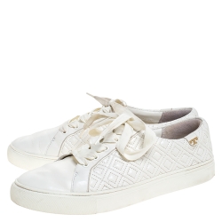 Pre Owned Tory Burch White Marion Quilted Leather Lace Up Sneakers Size 40