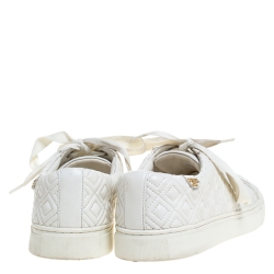 Pre Owned Tory Burch White Marion Quilted Leather Lace Up Sneakers Size 40