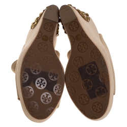 Pre Owned صندل توري برش مقدمة مفتوحة كعب روكي مرصع كانفاس بيج مقاس 38.5