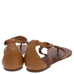 Pre Owned Tory Burch Tan Leather Phoebe Thong Ankle Strap Flat Sandals Size 38.5