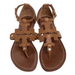 Pre Owned Tory Burch Tan Leather Phoebe Thong Ankle Strap Flat Sandals Size 38.5