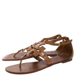 Pre Owned Tory Burch Tan Leather Phoebe Thong Ankle Strap Flat Sandals Size 38.5