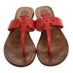 Pre Owned Tory Burch Red Leather Moore Flat Thong Sandals Size 38