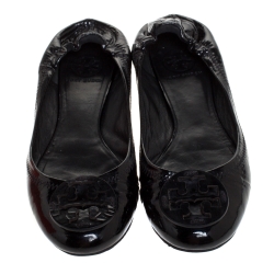 Pre Owned حذاء باليرينا فلات توري برش جلد ريفا أسود لامع مقاس 37.5