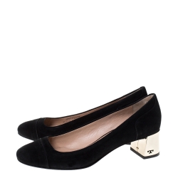 Pre Owned Tory Burch Black Suede Leather Block Heel Pumps Size 37