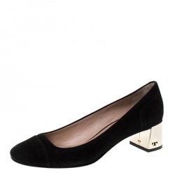Pre Owned Tory Burch Black Suede Leather Block Heel Pumps Size 37