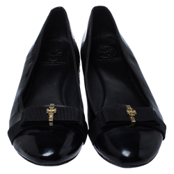 Pre Owned Tory Burch Black Leather Bow Ballet Flats Size 38.5