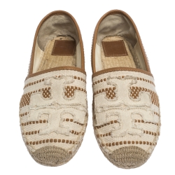 Pre Owned حذاء إسبادريل فلات توري برش كانفاس بني/بيج مقدمة منفصلة بالشعار مقاس 38.5