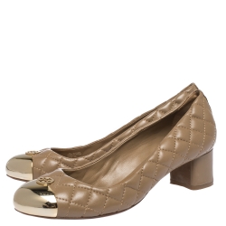 مملوكة مسبقًا Tory Burch Beige Quilted Leather Kaitlin Cap Toe Pumps Size 38