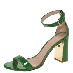 Pre Owned Tory Burch Green Patent Leather Cecile Block Heel Ankle Strap Sandals Size 36.5