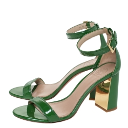 Pre Owned Tory Burch Green Patent Leather Cecile Block Heel Ankle Strap Sandals Size 36.5