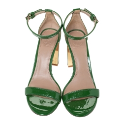Pre Owned Tory Burch Green Patent Leather Cecile Block Heel Ankle Strap Sandals Size 36.5