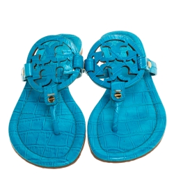 Pre Owned صندل بإصبع توري برش فلات ميلر جلد لامع أسود مقاس 37.5