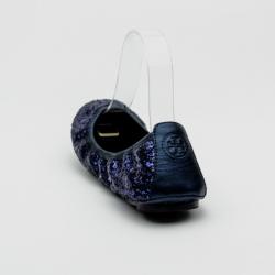 Pre Owned Tory Burch Dark Blue 'Eddie' Glitter Ballerinas Size 40.5