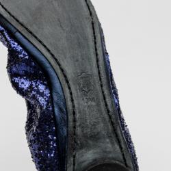 Pre Owned Tory Burch Dark Blue 'Eddie' Glitter Ballerinas Size 40.5