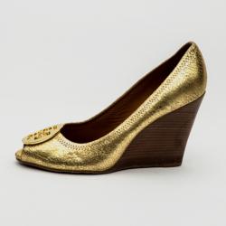 Pre Owned Tory Burch Gold Peep Toe 'Sally' Wedges Size 39