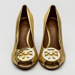 Pre Owned Tory Burch Gold Peep Toe 'Sally' Wedges Size 39
