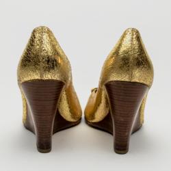 Pre Owned Tory Burch Gold Peep Toe 'Sally' Wedges Size 39