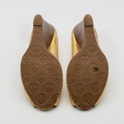Pre Owned Tory Burch Gold Peep Toe 'Sally' Wedges Size 39