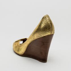 Pre Owned Tory Burch Gold Peep Toe 'Sally' Wedges Size 39