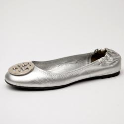 Pre Owned Tory Burch Silver Leather Reva Flats Size 40.5