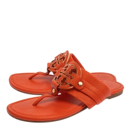 Pre Owned Tory Burch Orange Leather Amanda Flats Size 37