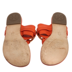 Pre Owned Tory Burch Orange Leather Amanda Flats Size 37
