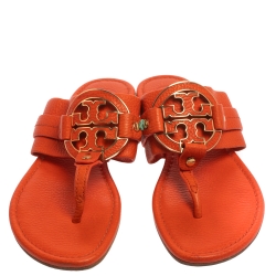 Pre Owned Tory Burch Orange Leather Amanda Flats Size 37