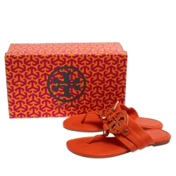 Pre Owned Tory Burch Orange Leather Amanda Flats Size 37