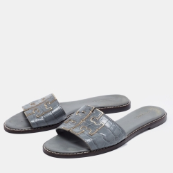 Pre Owned Tory Burch Grey Croc Embossed Leather Ines Flat Slides Size 38.5