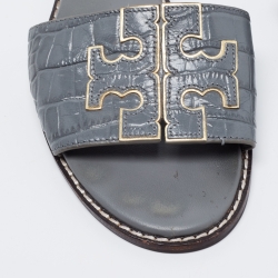 Pre Owned Tory Burch Grey Croc Embossed Leather Ines Flat Slides Size 38.5