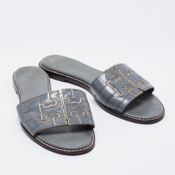 Pre Owned Tory Burch Grey Croc Embossed Leather Ines Flat Slides Size 38.5