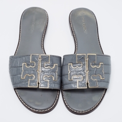 Pre Owned Tory Burch Grey Croc Embossed Leather Ines Flat Slides Size 38.5
