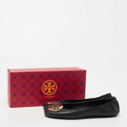Pre Owned Tory Burch Black Leather Minnie Travel Ballet Flats Size 39.5
