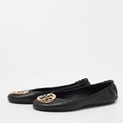 Pre Owned Tory Burch Black Leather Minnie Travel Ballet Flats Size 39.5