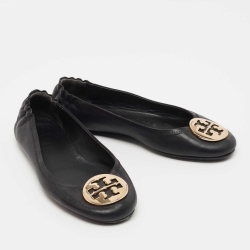 Pre Owned Tory Burch Black Leather Minnie Travel Ballet Flats Size 39.5