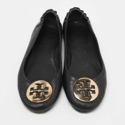 Pre Owned Tory Burch Black Leather Minnie Travel Ballet Flats Size 39.5