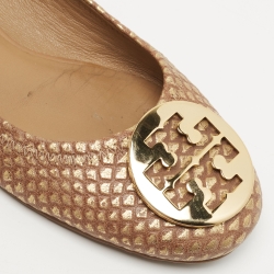 Pre Owned Tory Burch Gold/Brown Python Leather Embossed Reva Ballet Flats Size 38.5