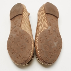 Pre Owned Tory Burch Gold/Brown Python Leather Embossed Reva Ballet Flats Size 38.5