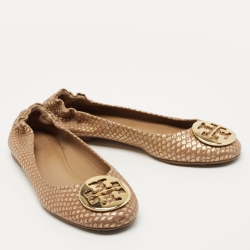 Pre Owned Tory Burch Gold/Brown Python Leather Embossed Reva Ballet Flats Size 38.5