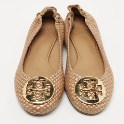 Pre Owned Tory Burch Gold/Brown Python Leather Embossed Reva Ballet Flats Size 38.5
