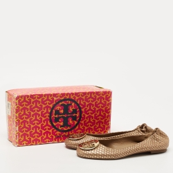 Pre Owned Tory Burch Gold/Brown Python Leather Embossed Reva Ballet Flats Size 38.5