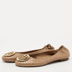 Pre Owned Tory Burch Gold/Brown Python Leather Embossed Reva Ballet Flats Size 38.5