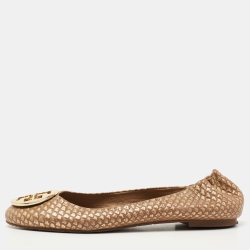 Pre Owned Tory Burch Gold/Brown Python Leather Embossed Reva Ballet Flats Size 38.5