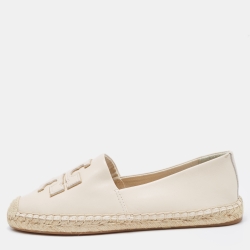 Pre Owned Tory Burch Cream Leather Slip On Espadrille Flats Size 39