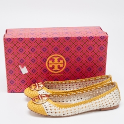 Pre Owned Tory Burch White/Yellow Woven Leather Reva Ballet Flats Size 39