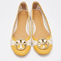Pre Owned Tory Burch White/Yellow Woven Leather Reva Ballet Flats Size 39